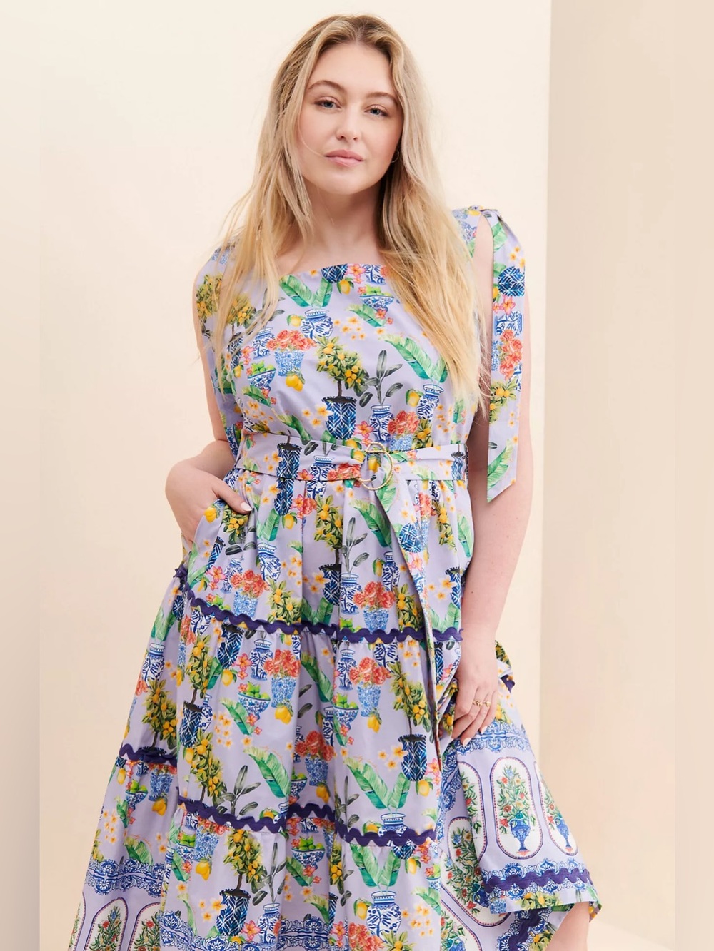 Lavender Floral Tie-Shoulder Tiered Maxi Dress